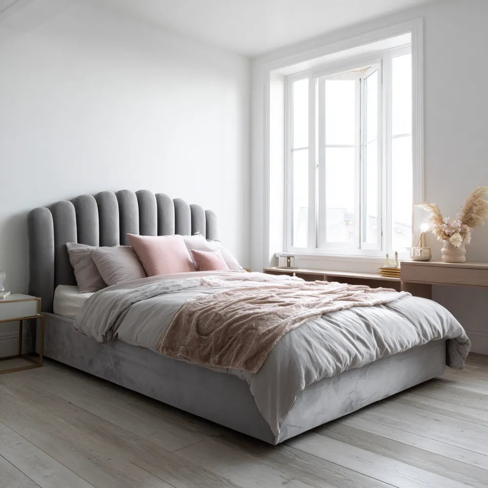 Double Bed Velvet Upholstered 200x140x100 cm – Light Grey – Contemporary Design