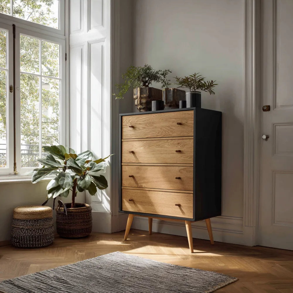 Mid-Century Modern Chest of Drawers Oak Wood 90x45x120 cm - Black Frame