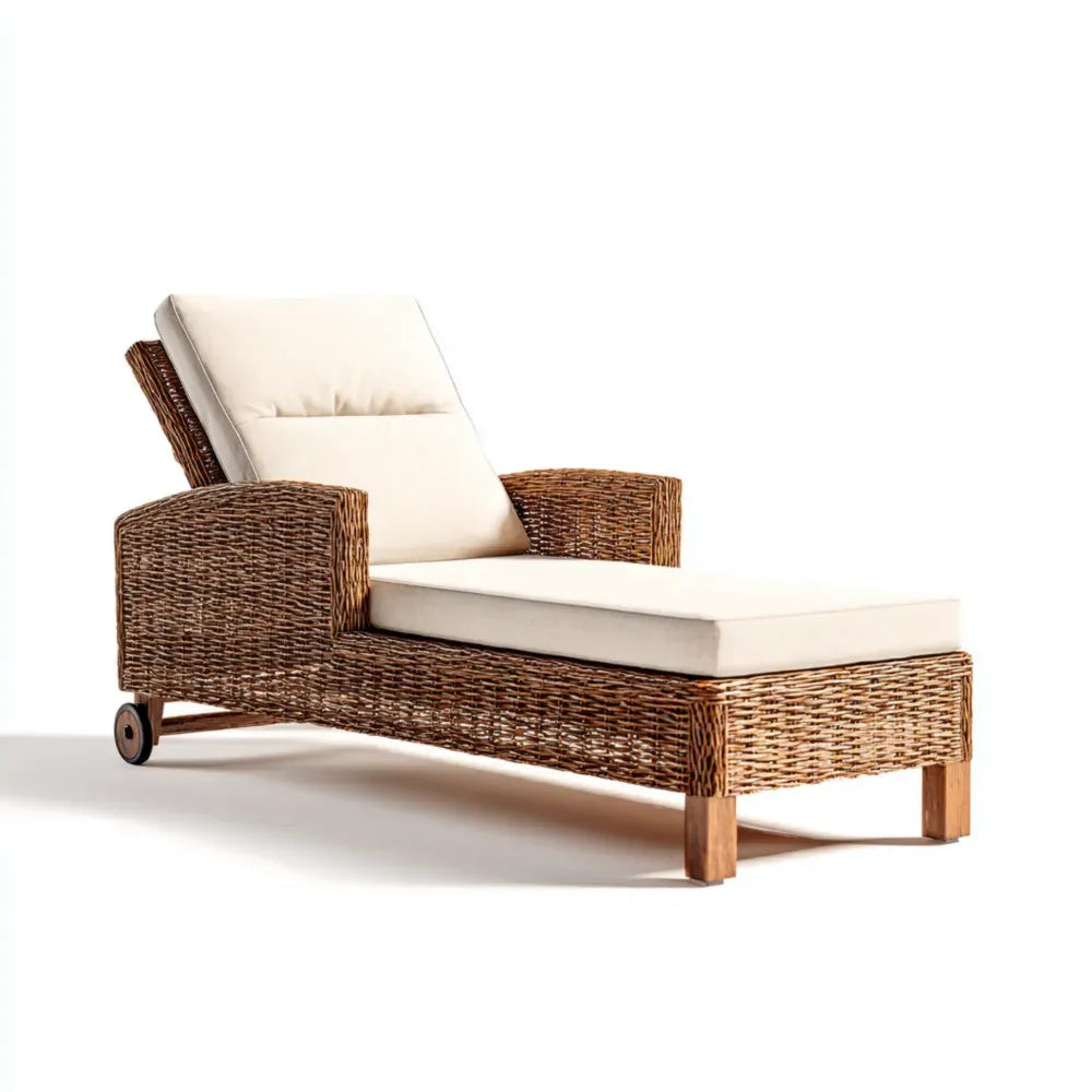 Patio Recliner Wicker Frame with Cushions 200cm x 75cm x 95cm – Natural Brown and Cream – Adjustable