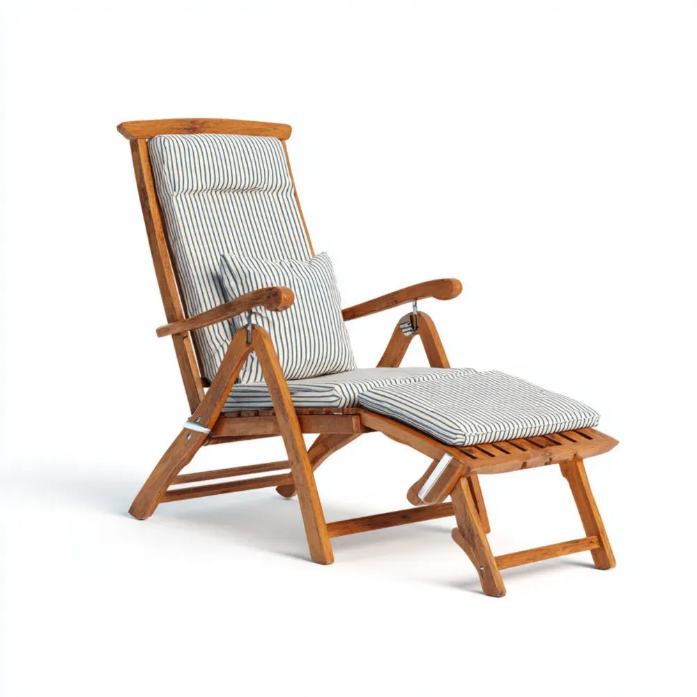 Patio Recliner Teak Wood 120x60x90 cm - Striped Cushions - Adjustable