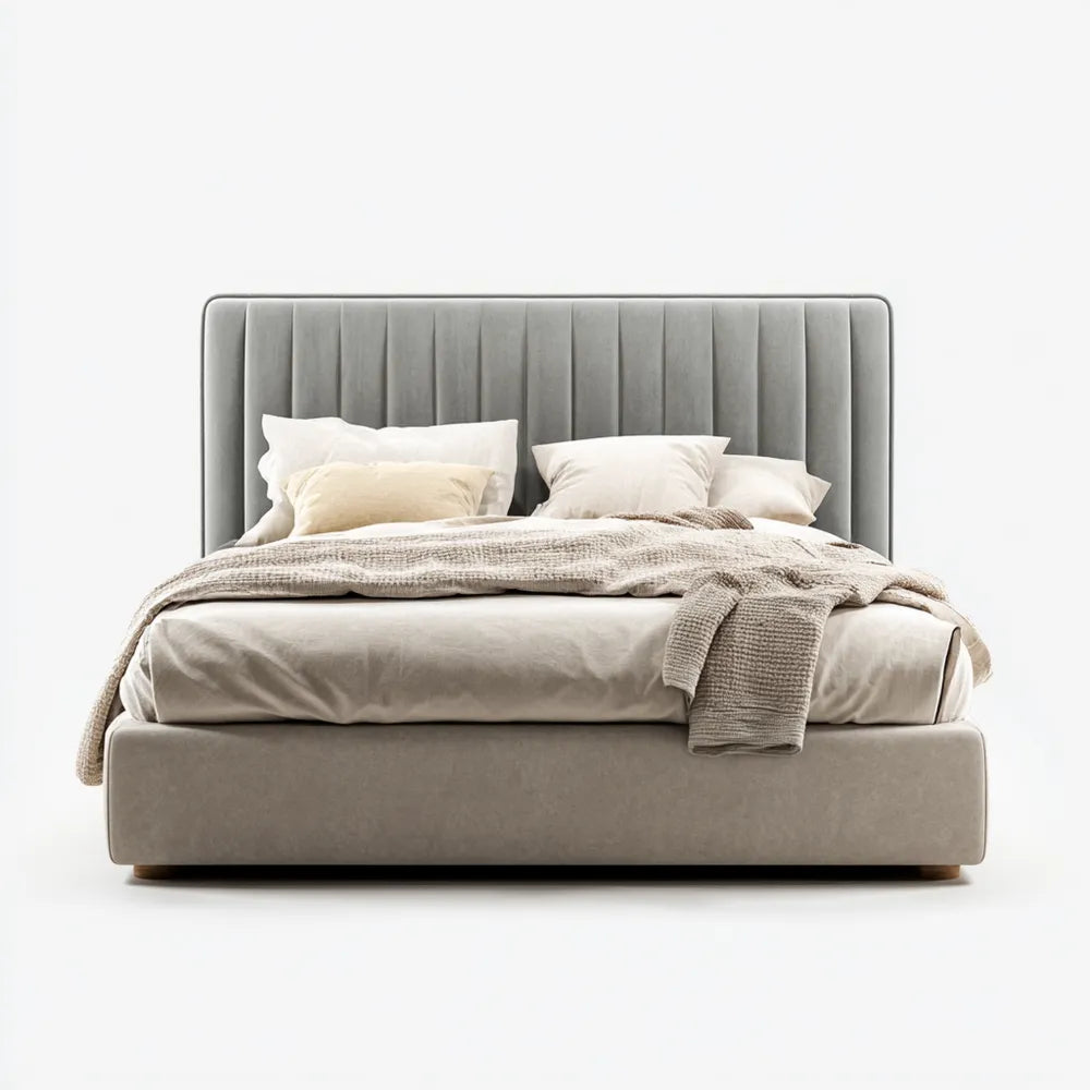 Double Bed - Upholstered Velvet 200x150x120 cm - Light Gray - Modern Style