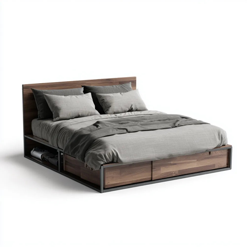 Modern Double Bed Wooden Frame with Storage 200x160x100 cm - Dark Wood - Grey Fabric
