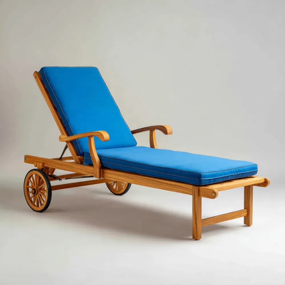 Outdoor Patio Recliner 200x70x35 cm - Teak Wood with Blue Cushions - Adjustable Backrest