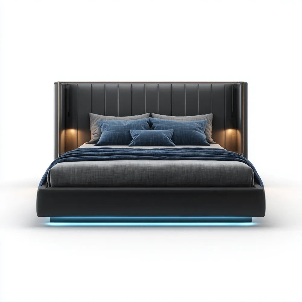 Double Bed 140x200x120 cm Faux Leather Upholstered with Headboard LED Lighting – Black – Modern Design