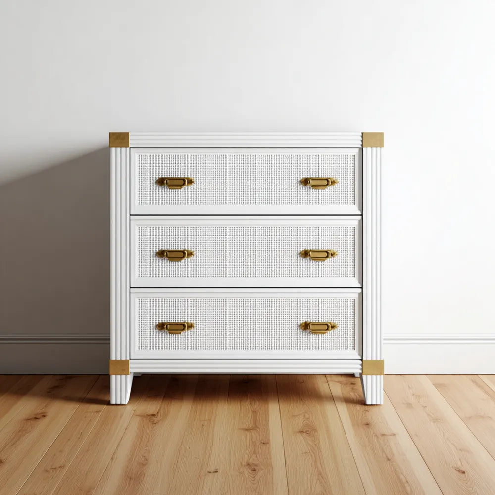 Chest of Drawers 80x40x80 cm 3-Drawer Rattan Inlay - White - Classic Design