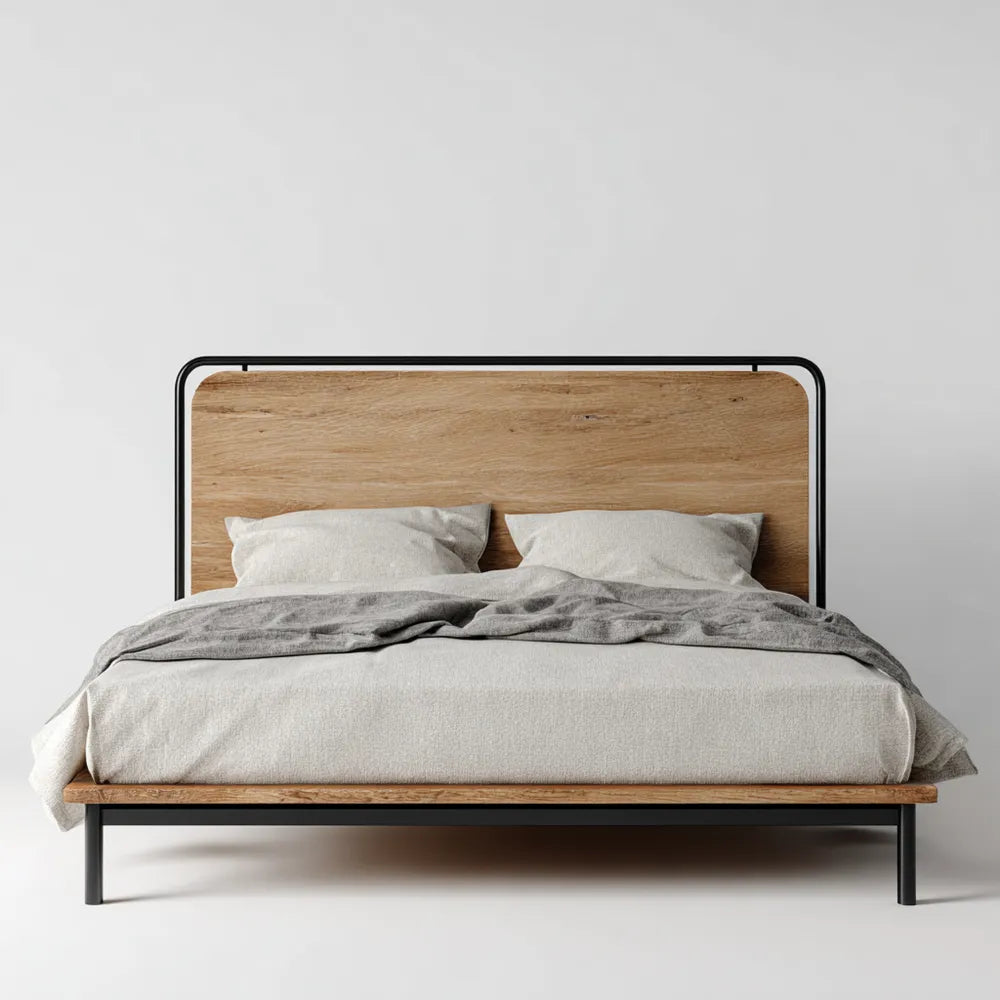 Double Bed Metal Frame with Wood Headboard – 160x200x100 cm – Modern Design