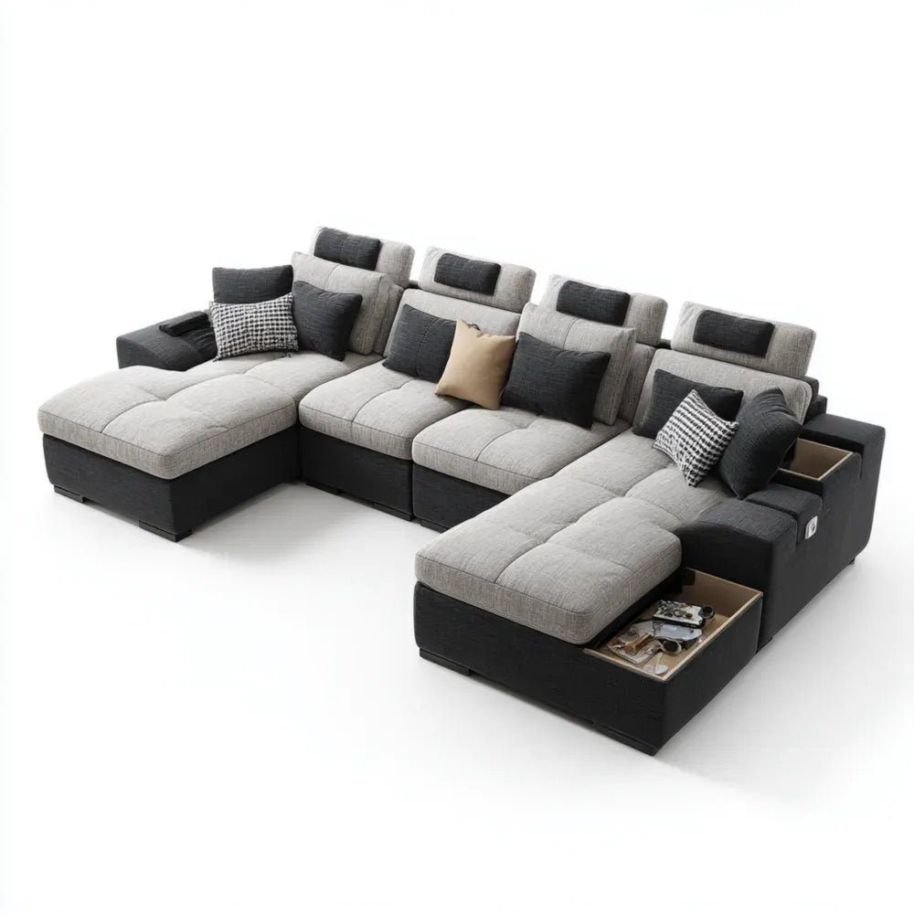 Modern Sectional Sofa Set Fabric Upholstered 300x150x85 cm - Light Gray/Dark Gray